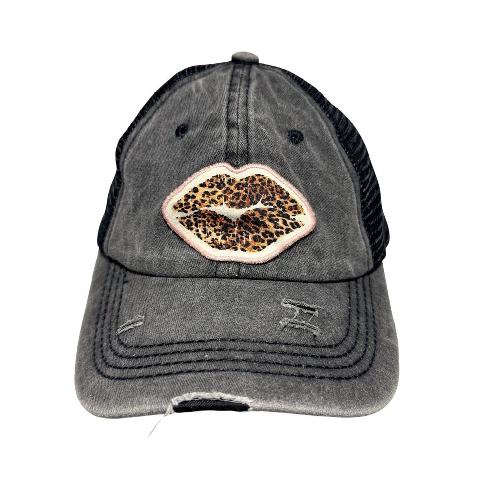 Southern Junkie Distressed Trucker Hat OS Cheetah Lip Rustic Gray Boho
